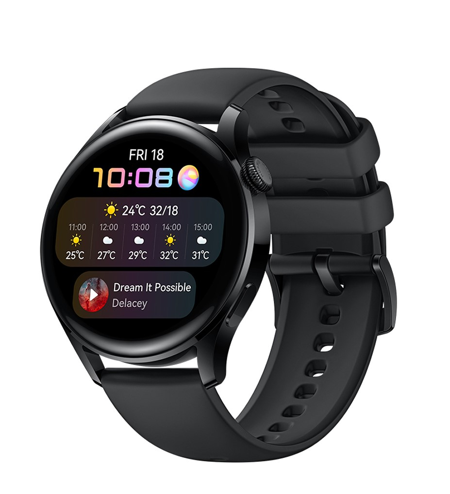 Schwarze Smartwatch mit rundem Display, das Wetter und Uhrzeit anzeigt, und schwarzem Silikonarmband.