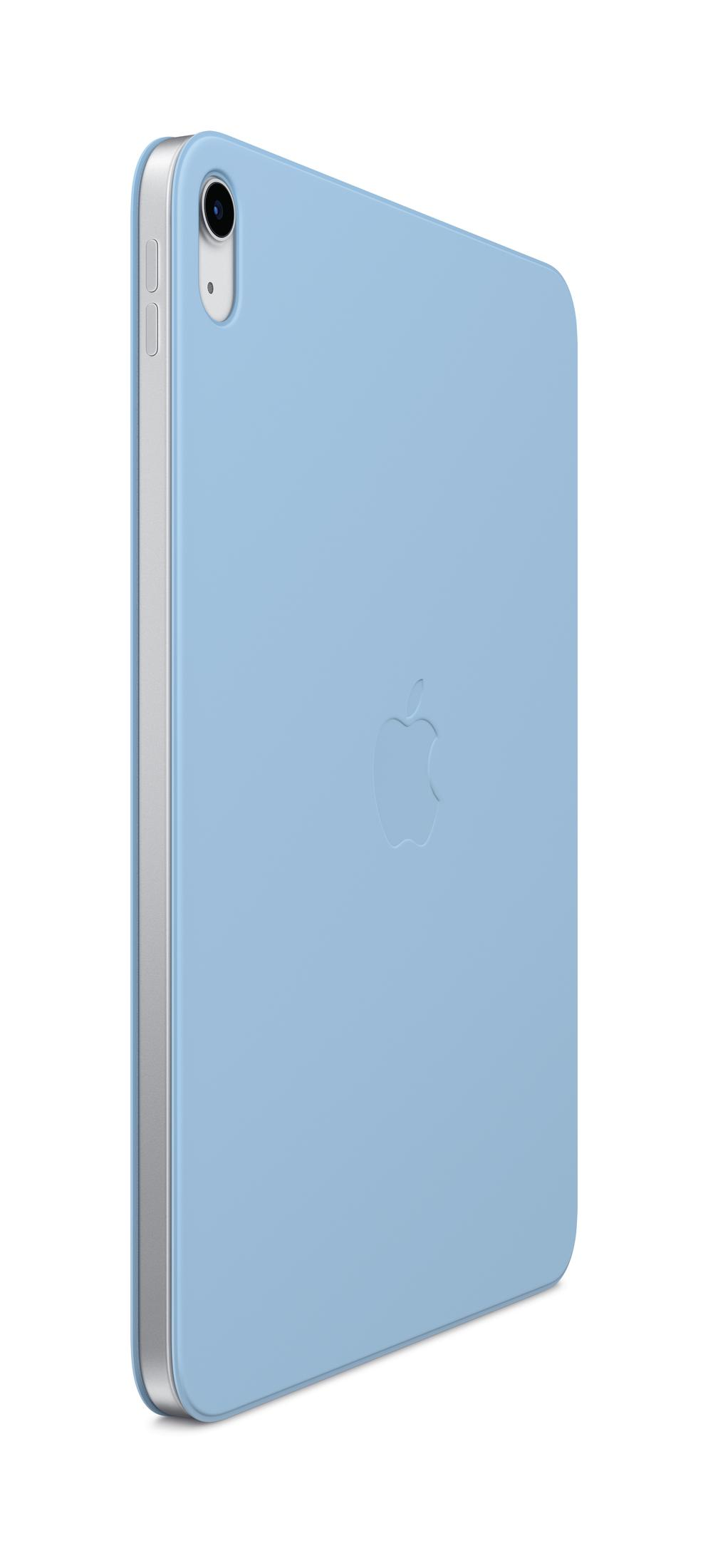 Ein hellblaues Tablet mit silbernem Rahmen und Apple-Logo hinten auf weißem Grund.