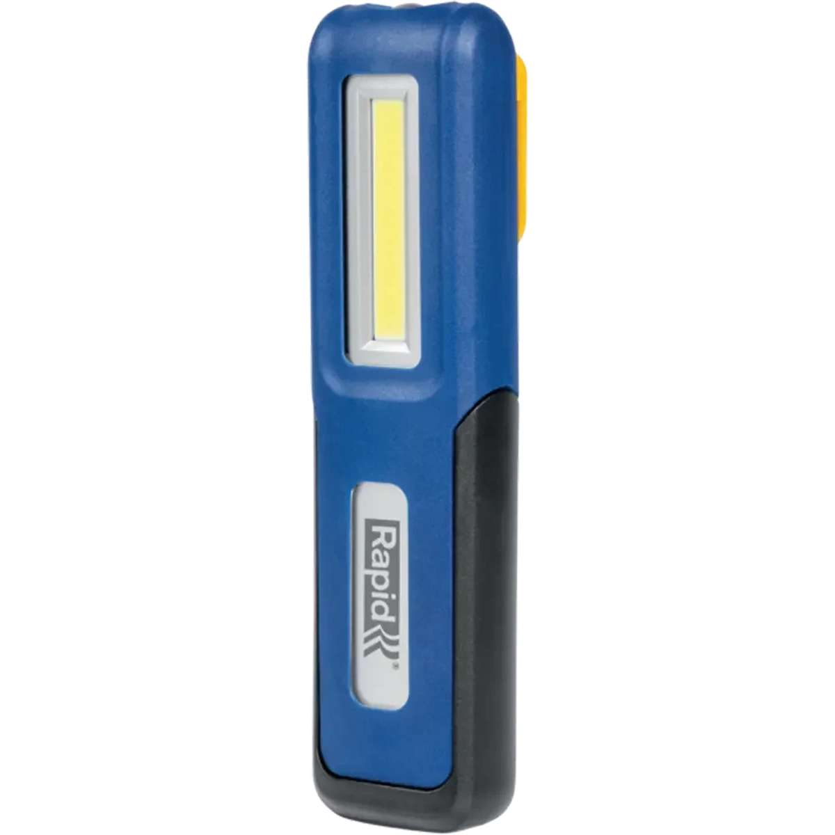 Eine blaue und schwarze LED-Arbeitsleuchte mit einem hellen COB-Streifen und dem Rapid-Logo.