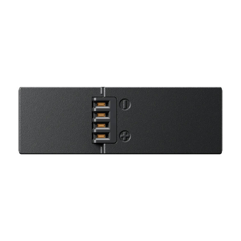 Ein schwarzes, rechteckiges elektronisches Bauteil mit vier goldfarbenen Pins und zwei Schrauben.