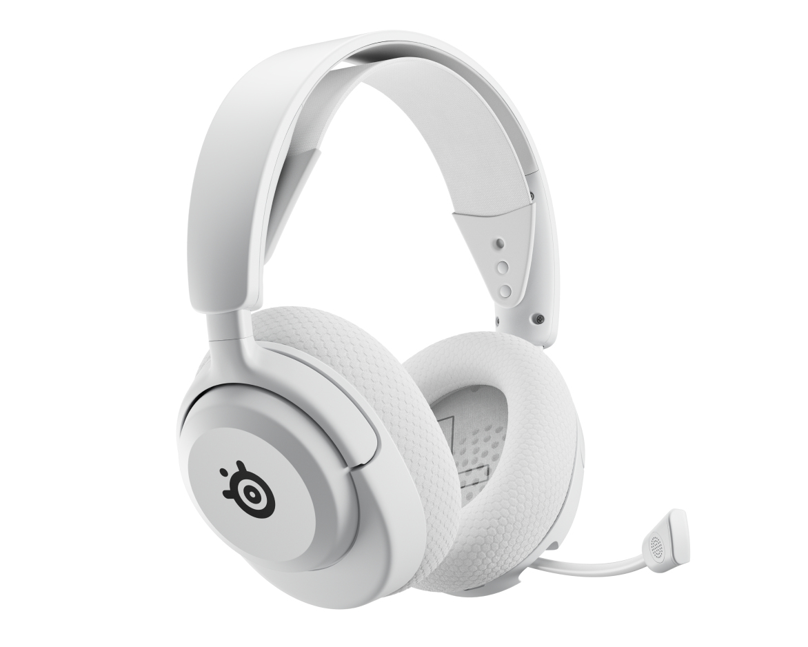Cuffie da gioco over-ear bianche con archetto e microfono su sfondo chiaro.