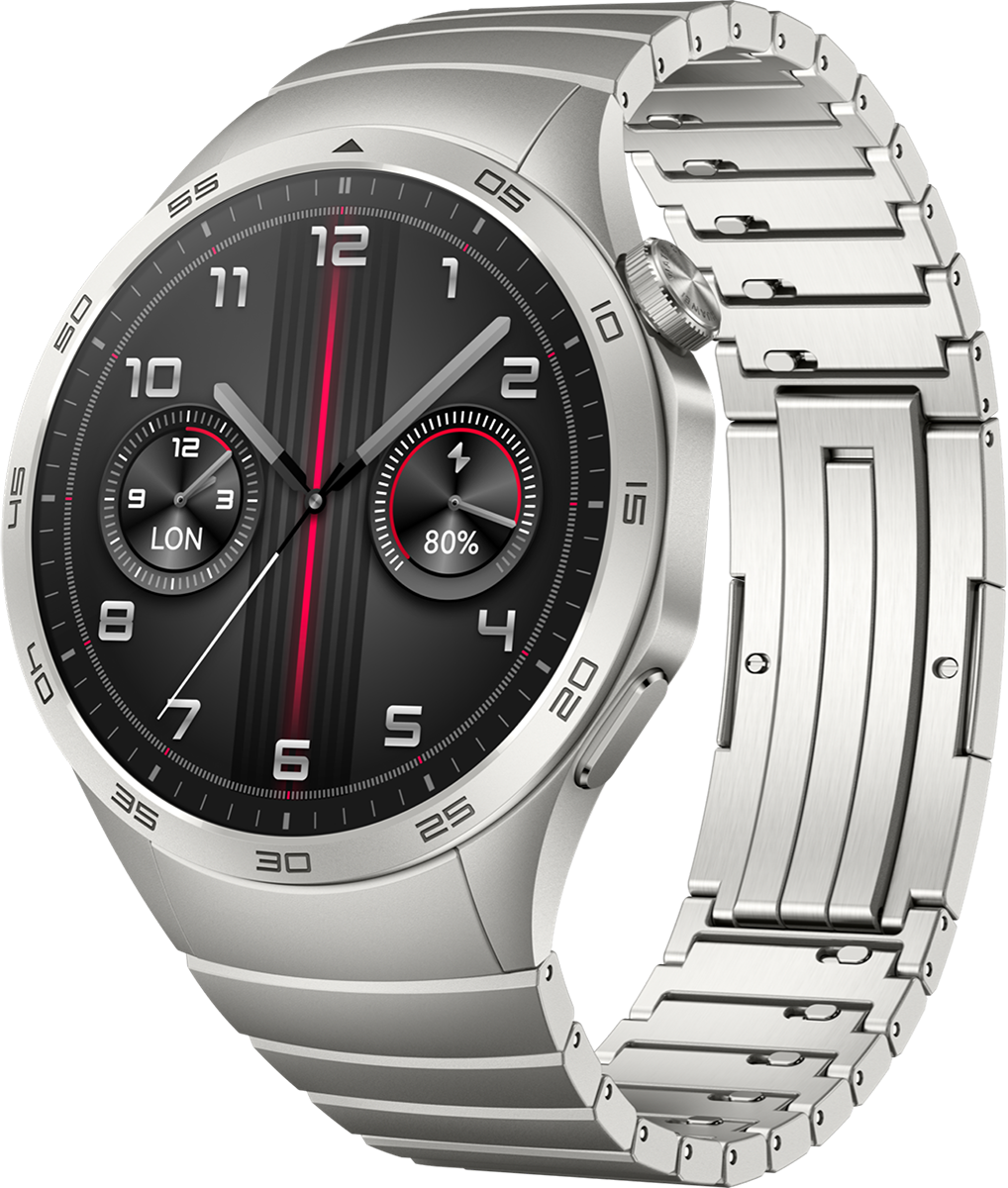 Uno smartwatch argentato con cinturino in metallo e quadrante nero su sfondo scuro.