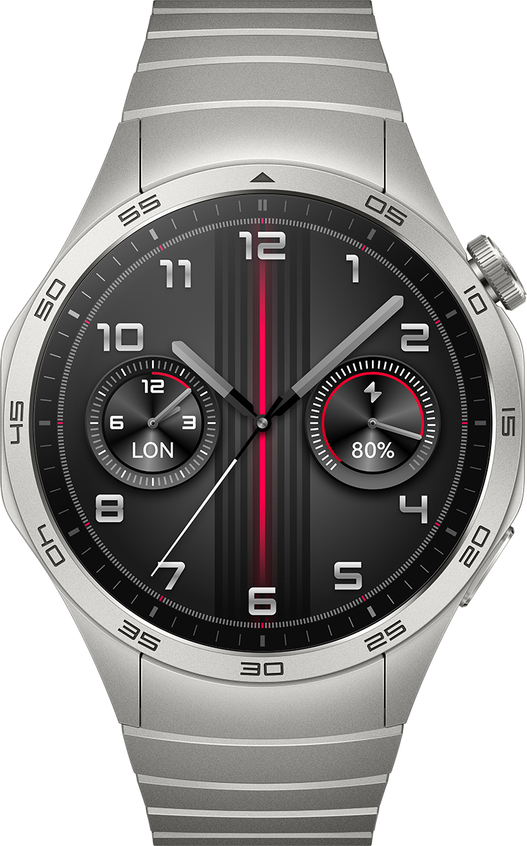 Uno smartwatch argentato con quadrante nero, dettagli rossi e due piccoli quadranti secondari.
