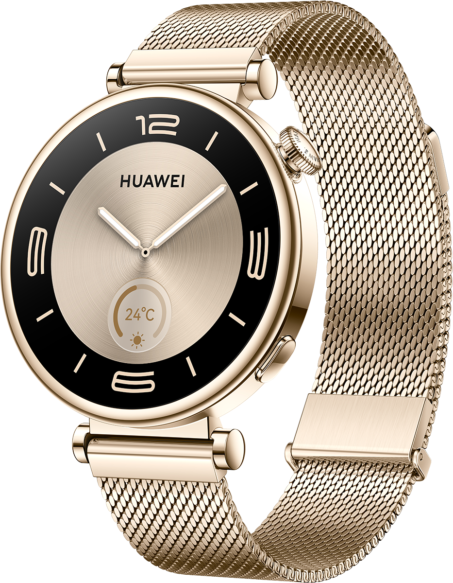 Smartwatch Huawei dorato con cinturino in maglia milanese metallica e quadrante digitale su sfondo nero.