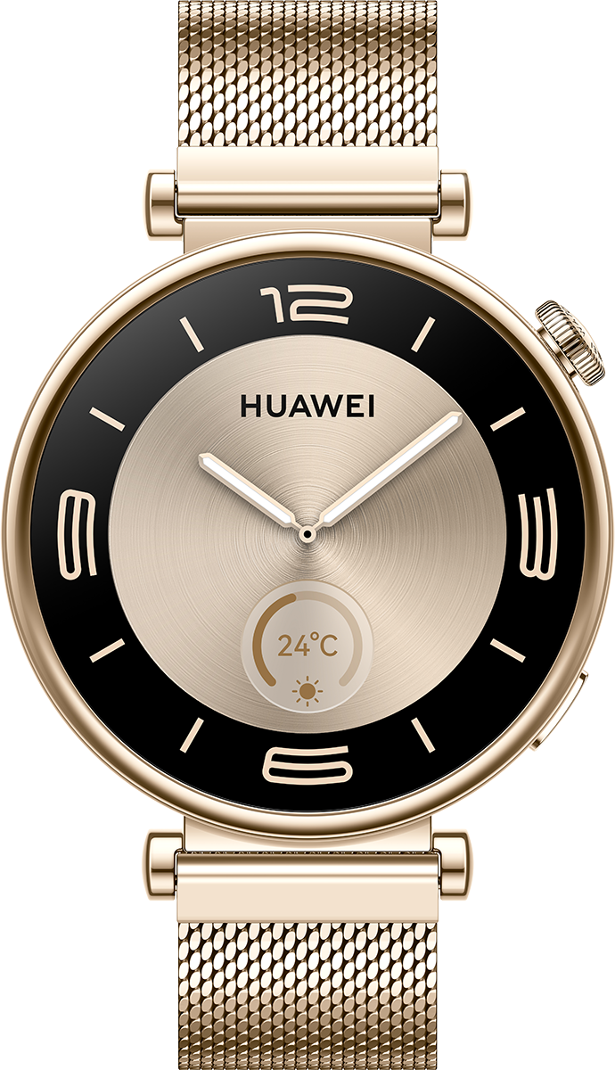 Smartwatch dorato con ghiera nera, quadrante rotondo, logo huawei e cinturino in metallo.