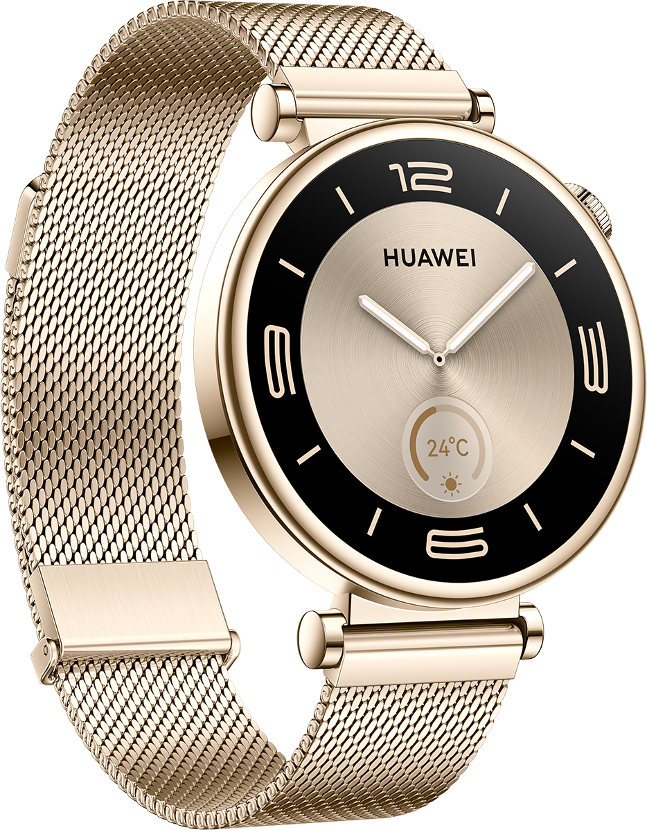 Smartwatch color oro con cinturino a maglia e quadrante nero su sfondo nero.