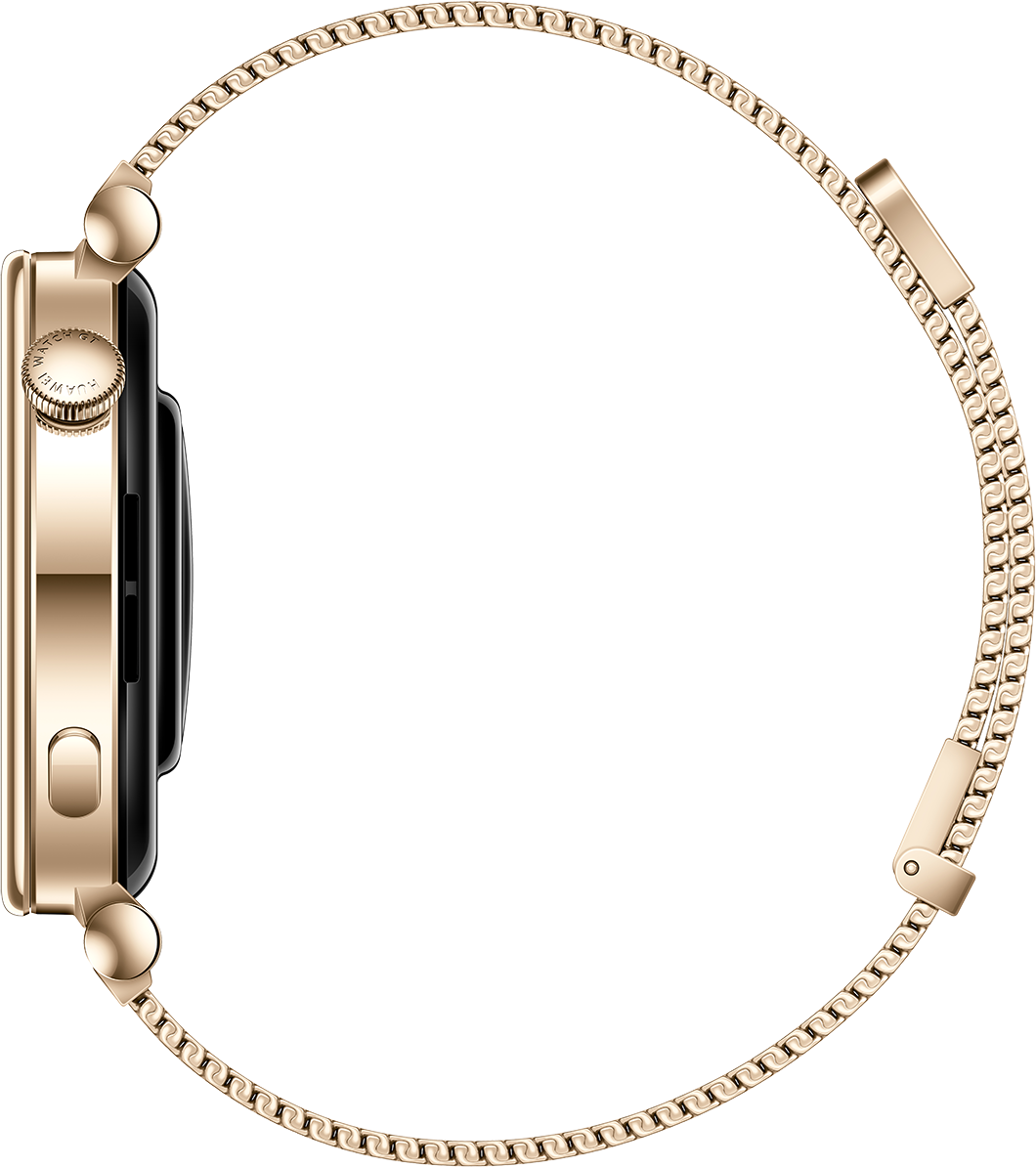 Vista laterale di uno smartwatch dorato con cinturino in maglia metallica su sfondo nero.