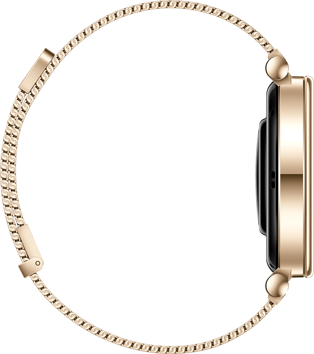 Vista laterale di uno smartwatch dorato con cinturino a catena fine su sfondo nero.