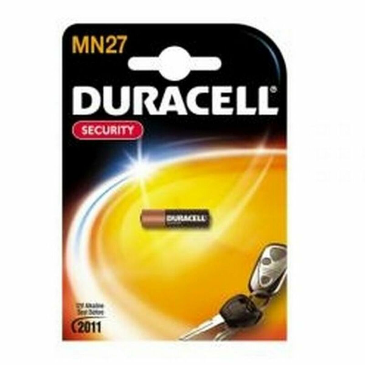 Pile de sécurité Duracell MN27 sous blister avec une petite pile cylindrique et des clés de voiture.