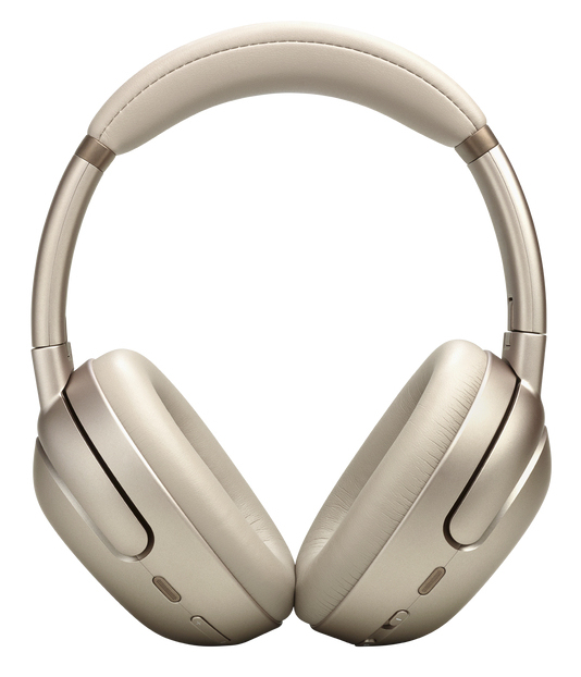 Cuffie wireless over-ear beige con padiglioni imbottiti e archetto imbottito su sfondo bianco.