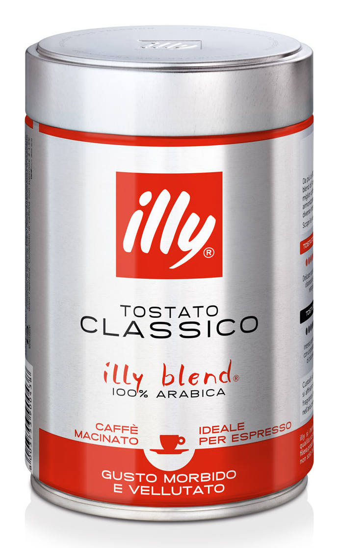 Eine silberne Illy-Kaffeedose mit rotem Logo und dem Text Tostato Classico auf weißem Hintergrund.