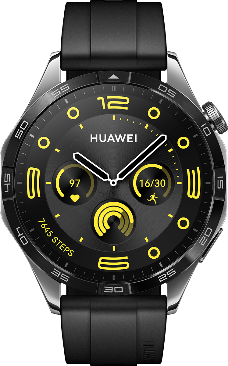 Schwarze Huawei Smartwatch mit gelben Ziffern, Zeigern und Fitness-Statistiken auf dem Display.