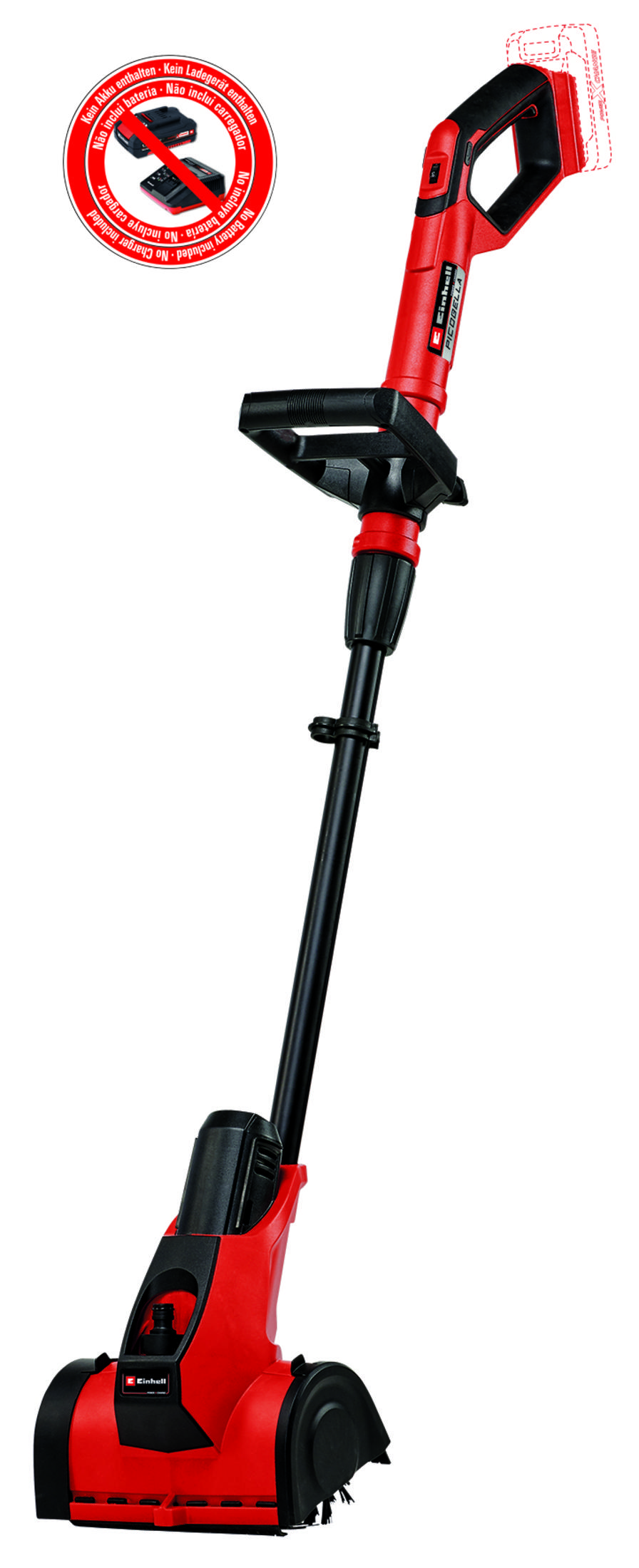 Red cordless patio cleaner with black handle and shaft, without battery and charger.