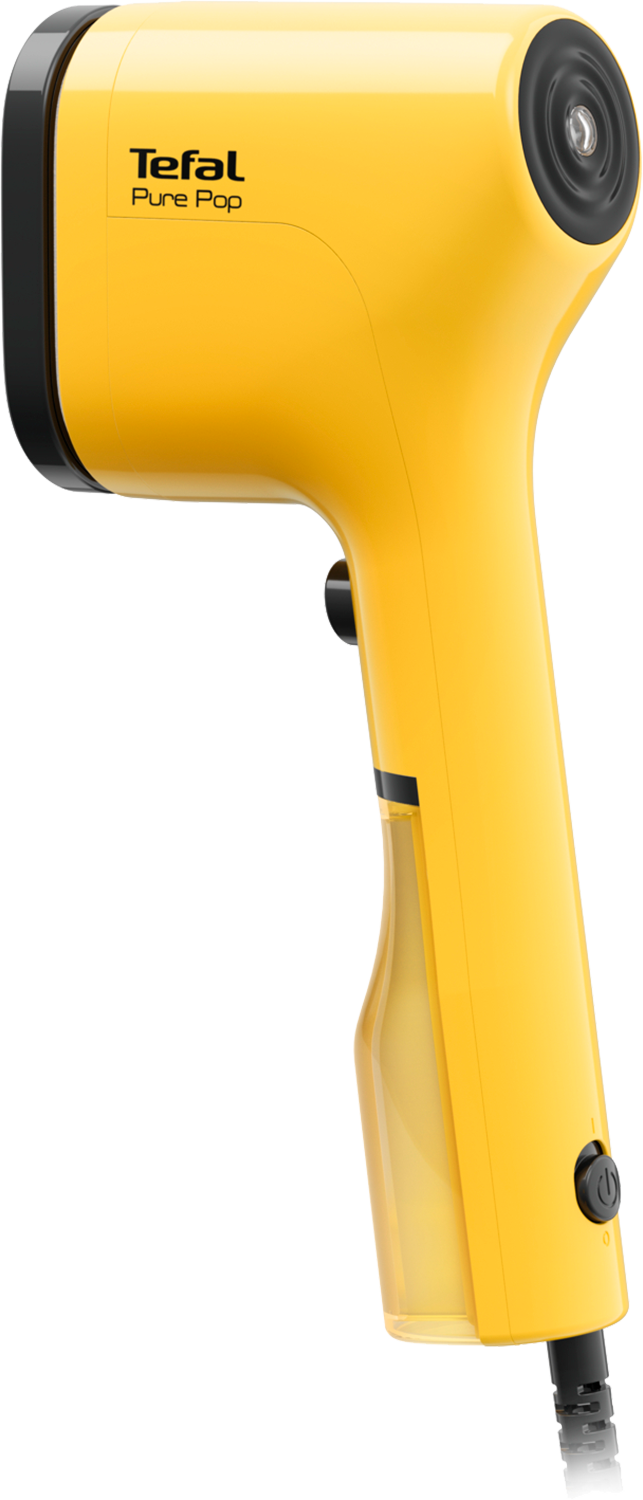 Un vaporizzatore per indumenti portatile Tefal Pure Pop giallo acceso con dettagli neri su sfondo nero.