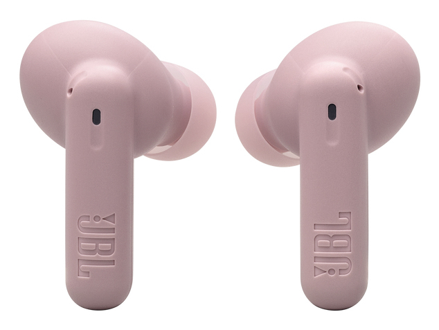 Due auricolari in-ear JBL rosa su sfondo bianco.