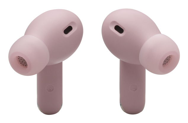 Due auricolari wireless rosa su uno sfondo bianco semplice.