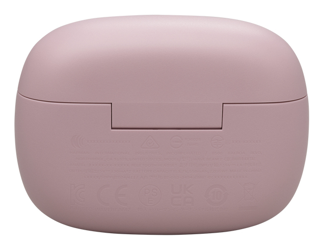 Vista posteriore di una custodia di ricarica per auricolari rosa opaco con testo bianco e icone in basso.