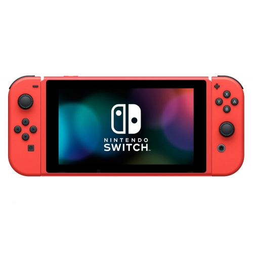 Eine rote Nintendo Switch Konsole mit angeschlossenen Joy-Con-Controllern und dem Switch-Logo auf dem Bildschirm.