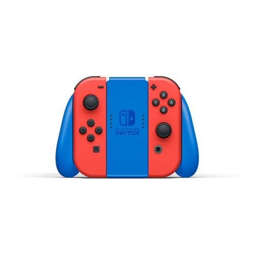 Ein blauer Nintendo Switch Grip mit roten Joy-Con-Controllern auf weißem Hintergrund.
