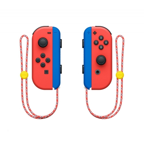 Rote und blaue Nintendo Switch Joy-Con Controller mit passenden Handschlaufen vor weißem Hintergrund.