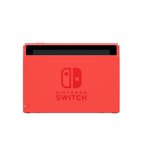Eine rote Nintendo Switch Konsole in der roten Dockingstation mit sichtbarem Logo.
