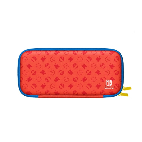 Rote Nintendo Switch-Hülle mit blauem Rand und kleinen roten Mario-Symbolen.