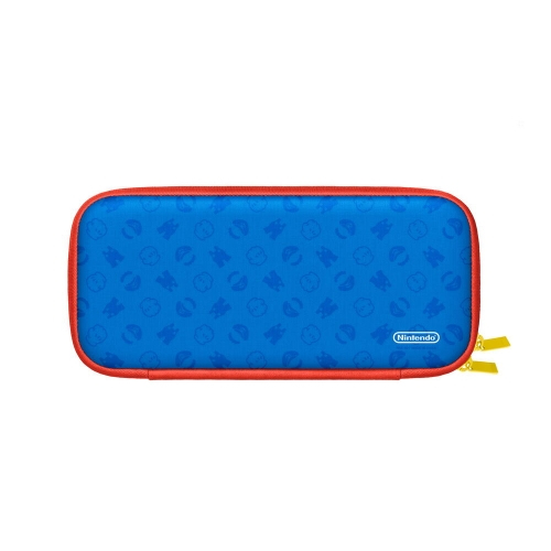 Blaue Nintendo-Etui mit rotem Rand und kleinem Nintendo-Logo.