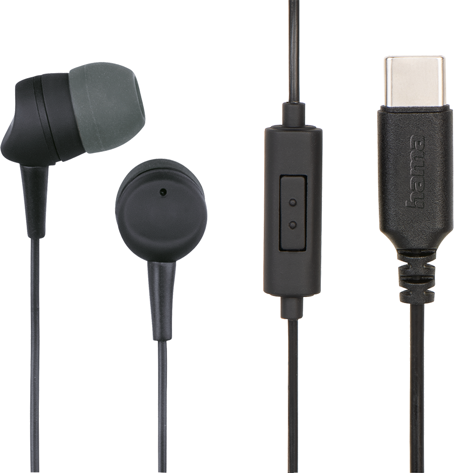 Czarne słuchawki przewodowe USB-C z mikrofonem i przyciskami na czarnym tle.
