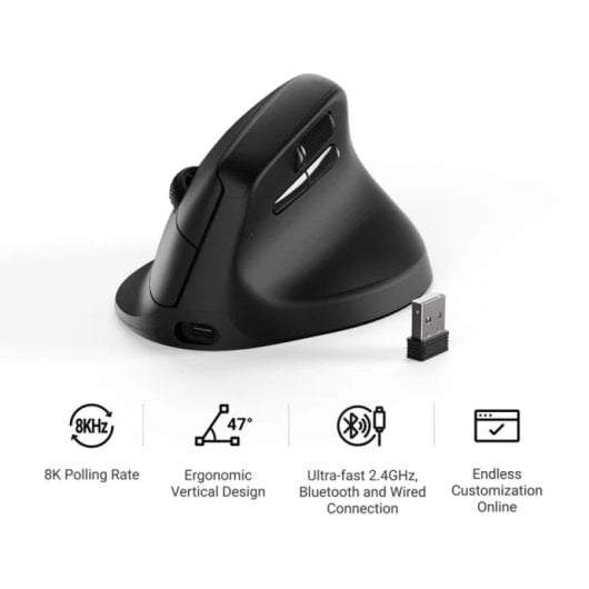 Czarna, ergonomiczna mysz pionowa z odbiornikiem USB i ikonami funkcji.