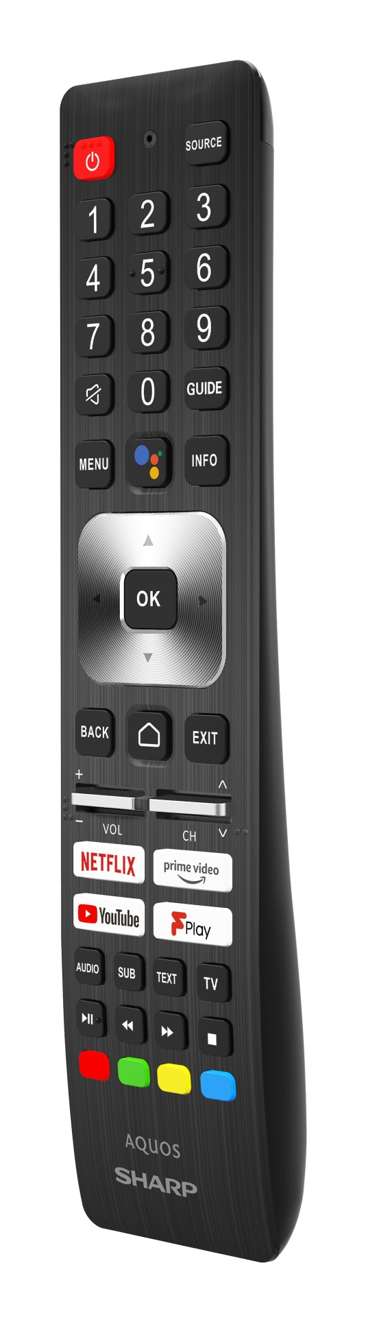 Telecomando nero Sharp Aquos con numeri, tastierino di navigazione e pulsanti streaming.
