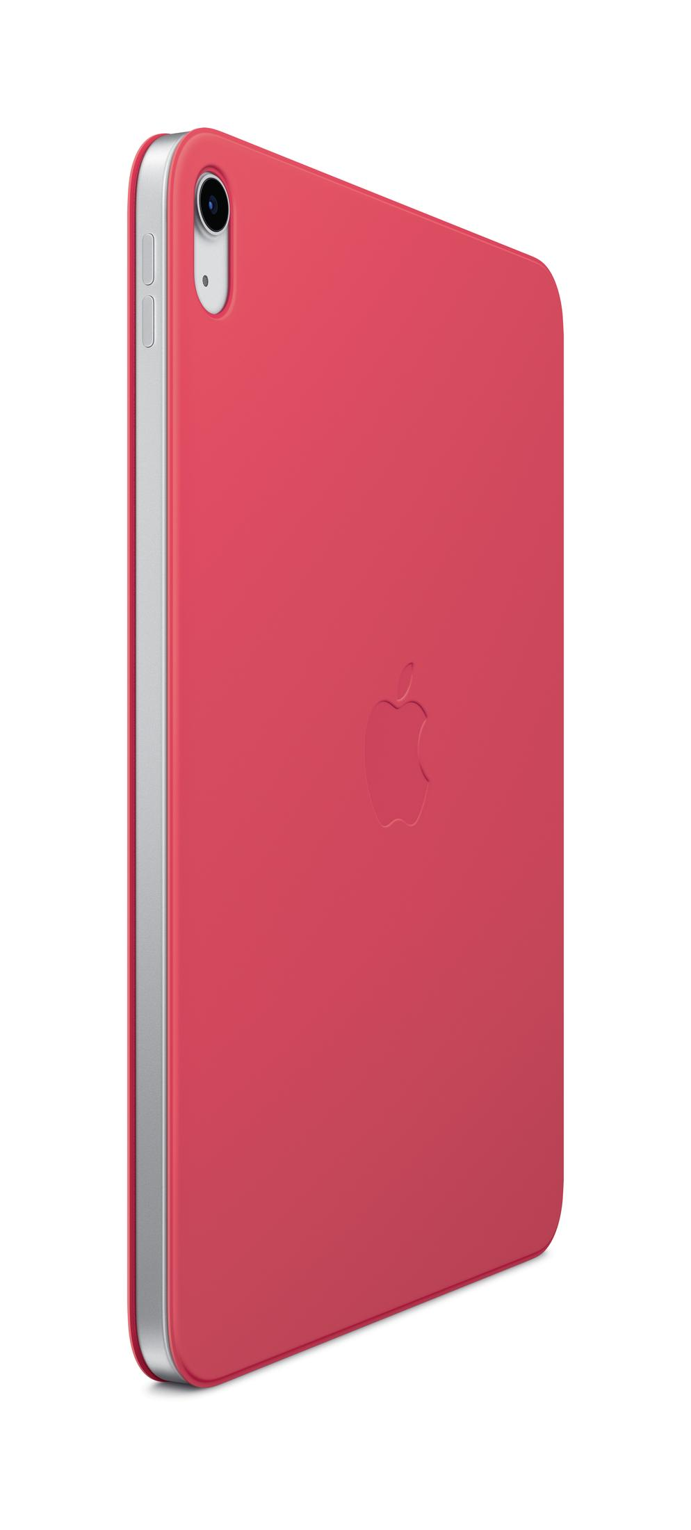 Retro di un tablet rosso con logo Apple e fotocamera su cornice argentata.