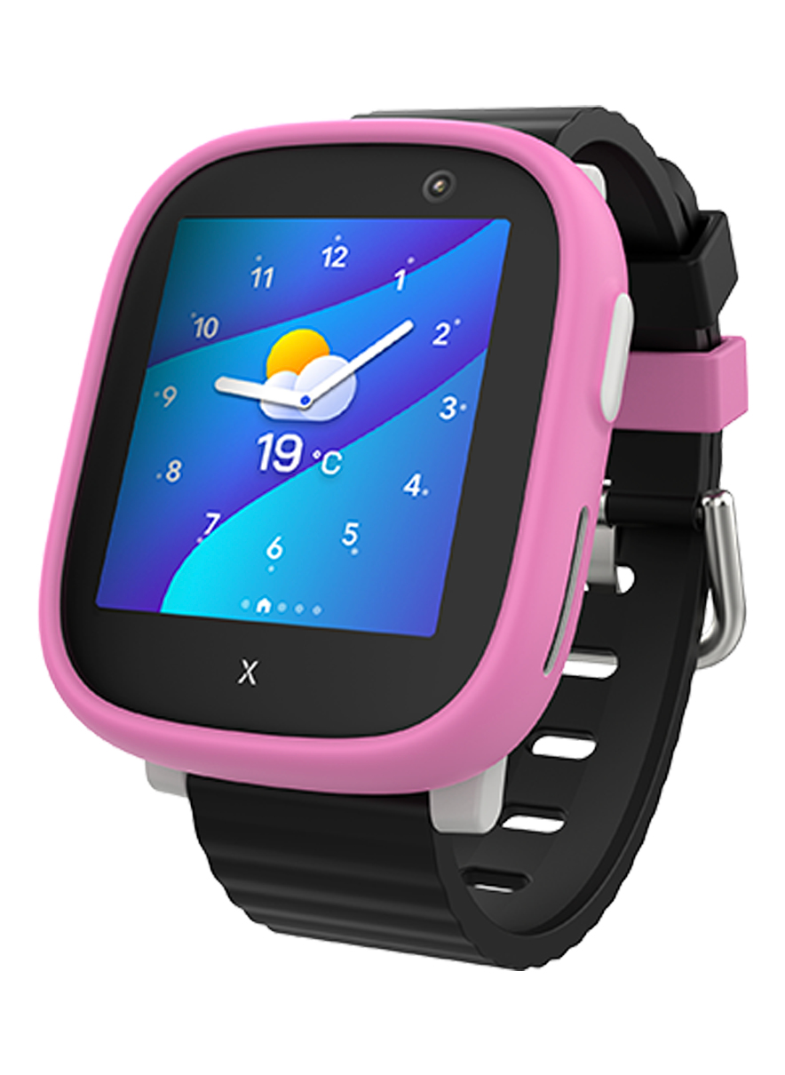 Smartwatch rosa e nero con display colorato, icona meteo e cinturino in silicone su sfondo bianco.
