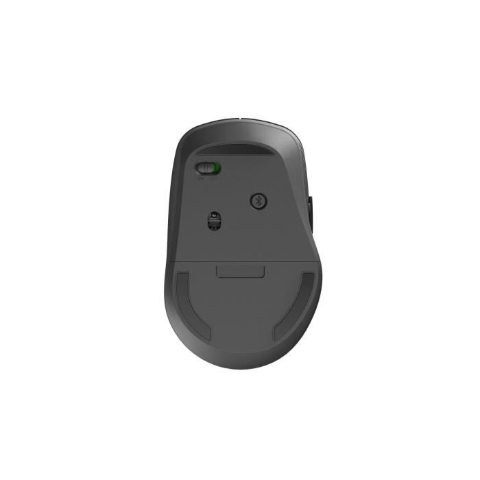 Bottom view of a grey wireless computer mouse with a power switch, Bluetooth button, sensor, and grip pads.