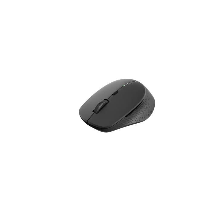 A black wireless computer mouse with textured side grips and a scroll wheel on a plain white background.