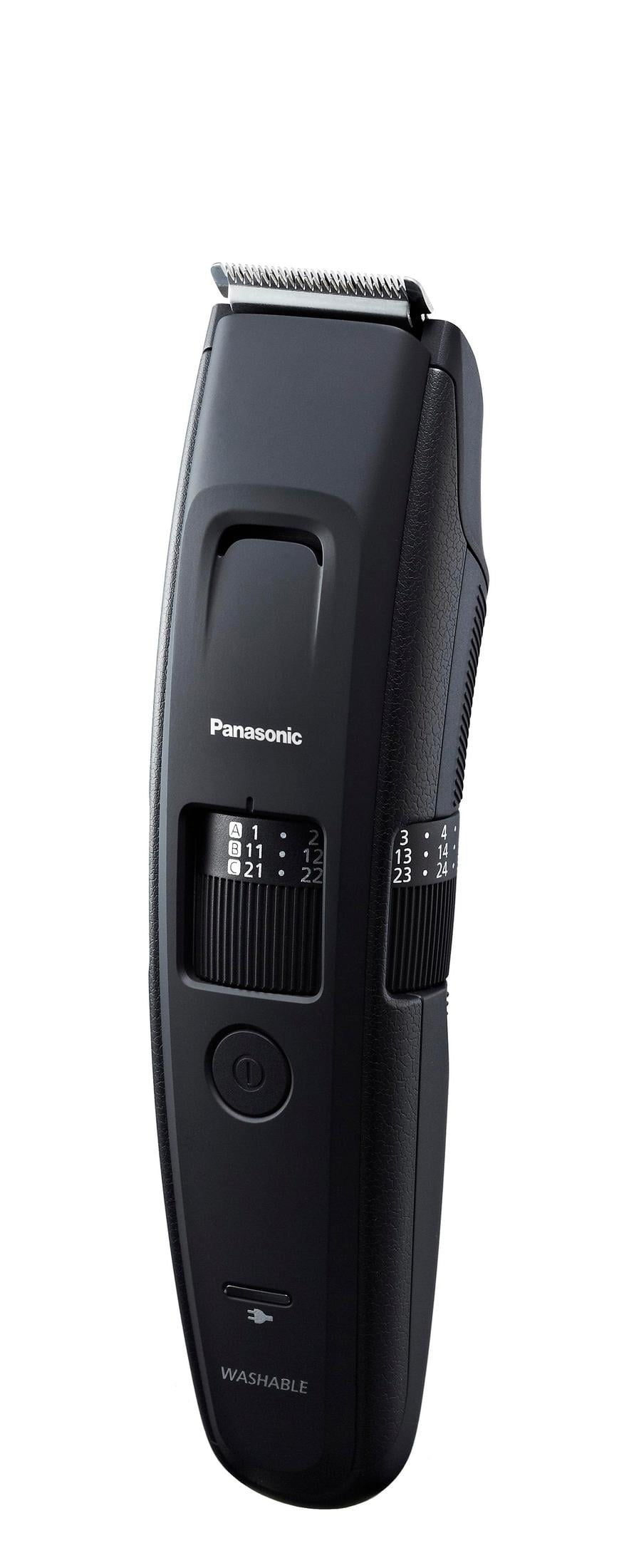 Ein schwarzer Panasonic Haarschneider mit Längenverstellrad und silberner Klinge vor weißem Hintergrund.