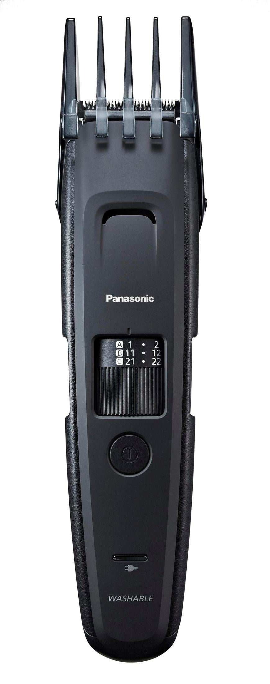 Ein schwarzer Panasonic Haarschneider mit verstellbarem Kamm, Längeneinstellrad, Ein-Aus-Schalter und waschbarem Etikett.