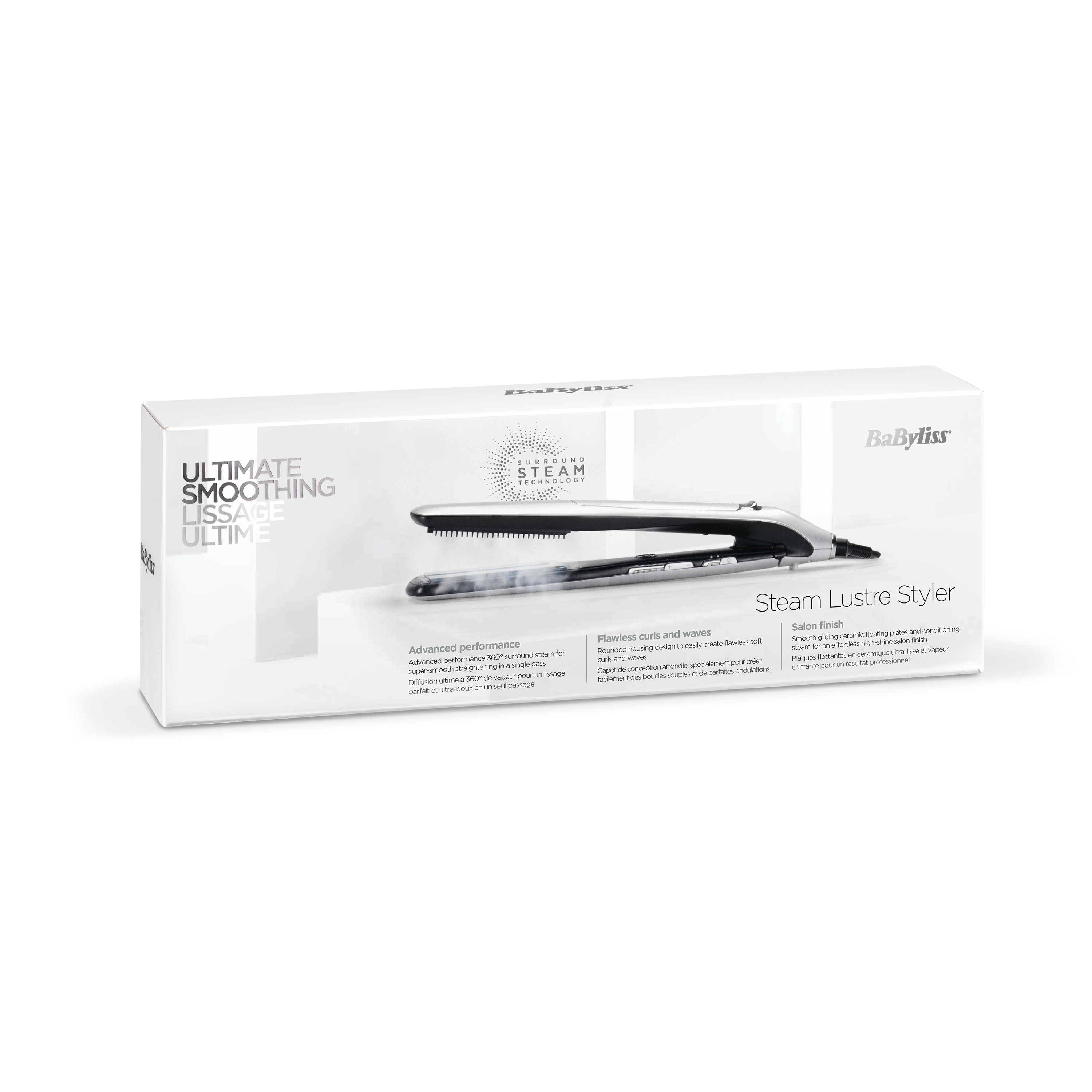 Buhar cikarilan gumus sac duzlestiricili beyaz BaByliss Steam Lustre Styler kutusu.