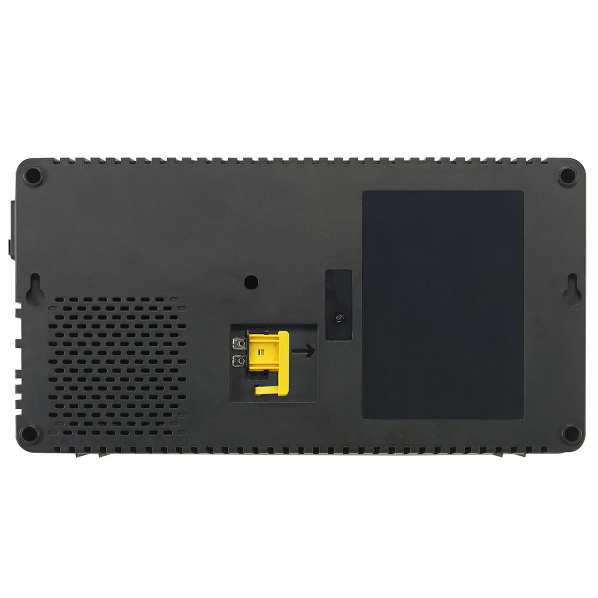 A black plastic device base with vents, screw holes, and a yellow connector port on the back.