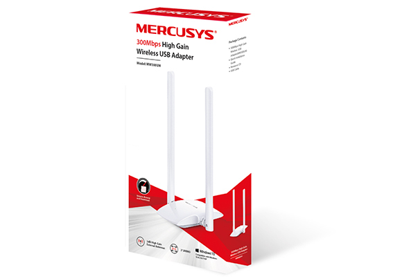 Verpackung eines weißen Mercusys 300Mbps High Gain Wireless USB Adapters mit zwei Antennen.