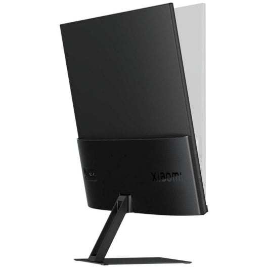 Ansicht der Rückseite eines schwarzen Xiaomi-Monitors auf einem Standfuß mit einstellbarem Neigungswinkel.