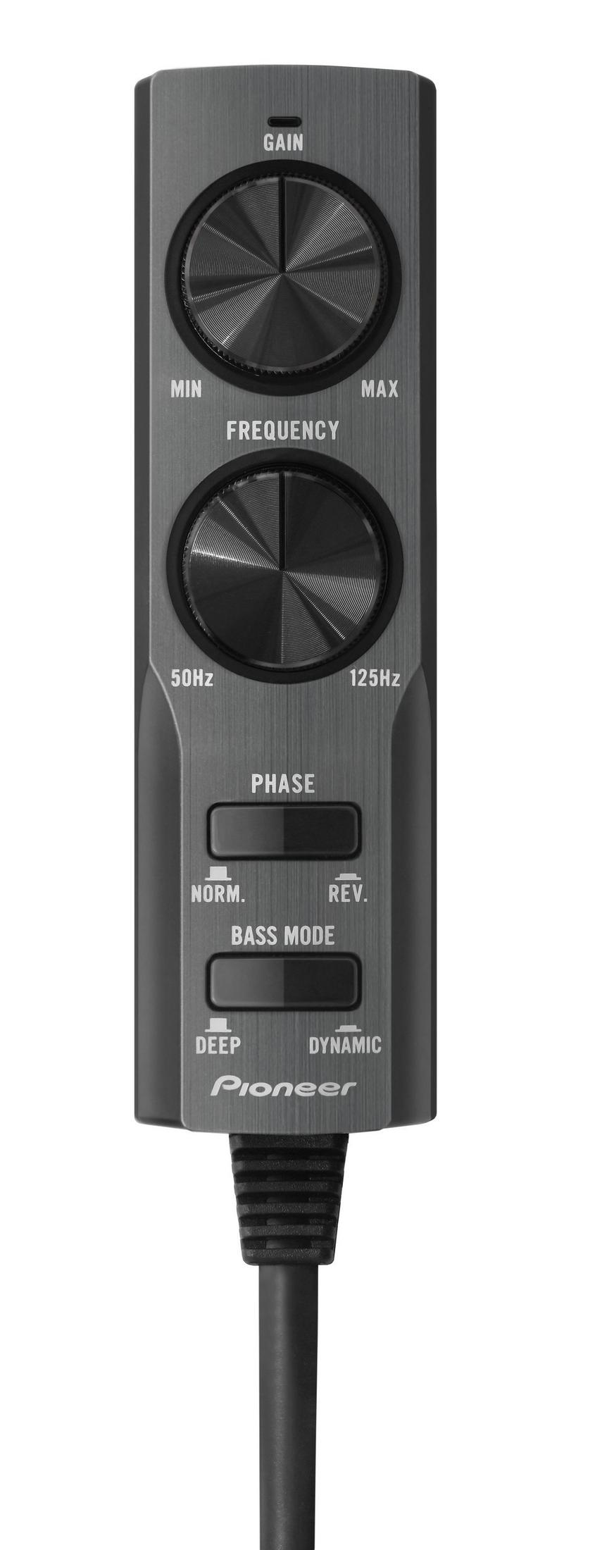 Eine schwarze kabelgebundene Pioneer Fernbedienung mit zwei Reglern und zwei Tasten für Audioeinstellungen.