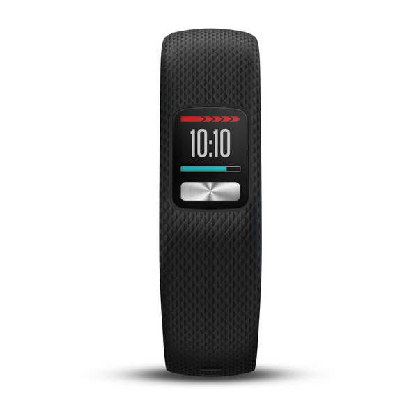 Pulsera de actividad negra con correa texturizada, pantalla digital que muestra las 10:10 y botón plateado.