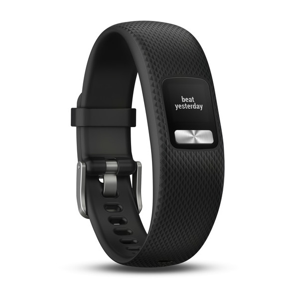 Un rastreador de actividad negro con correa texturizada y pantalla con el texto beat yesterday.