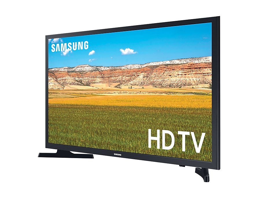 Un televisore HD Samsung nero mostra un paesaggio di campi, montagne e cielo azzurro.