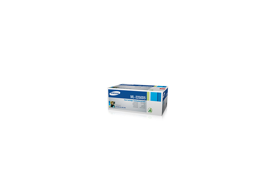 Cartuccia toner Samsung ML-2250D5 in confezione originale bianca e blu su sfondo bianco.