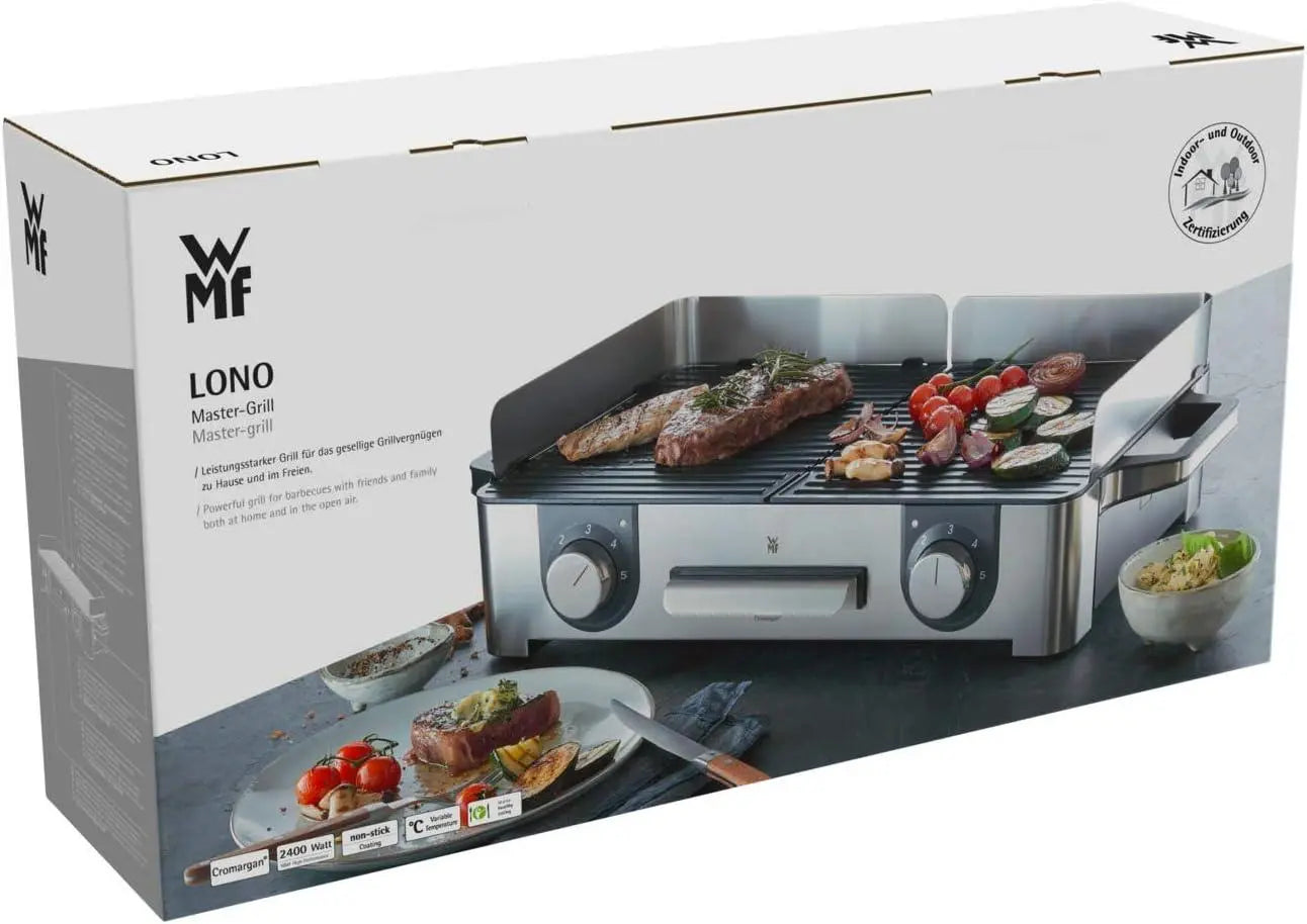 Üzerinde et ve sebze pişen WMF Lono Master-Grill'in ambalajı.