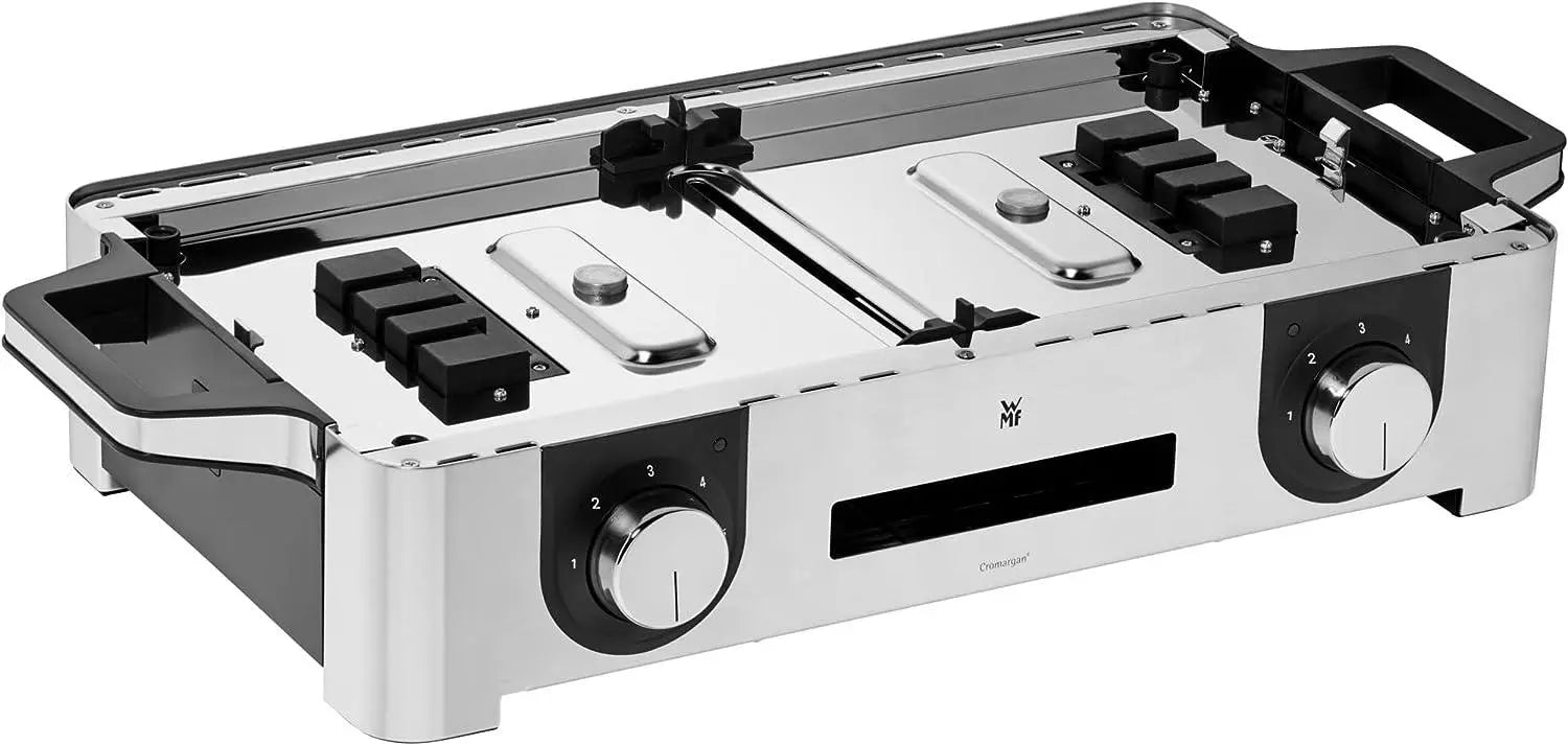 İki sıcaklık düğmesine sahip paslanmaz çelik raclette ızgara.