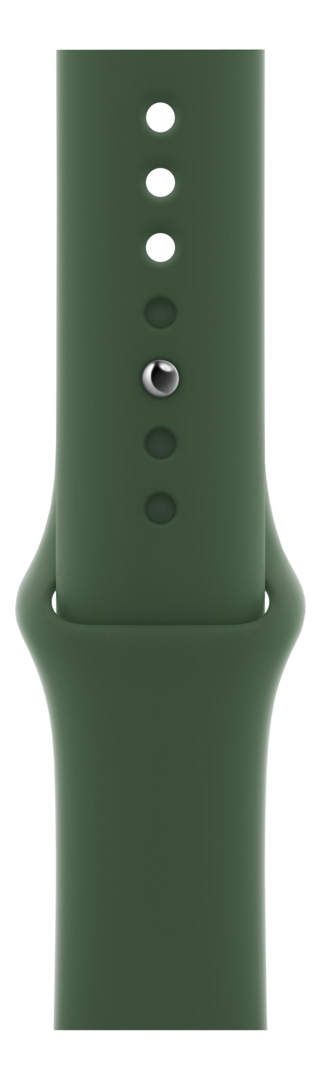 Ein dunkelgrünes Silikon-Smartwatch-Armband mit silbernem Pinverschluss und mehreren Einstelllöchern.