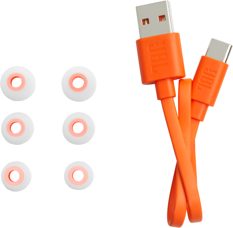 Sechs weiße Ohrstöpsel und ein orangefarbenes JBL USB-C-Kabel auf schwarzem Hintergrund.