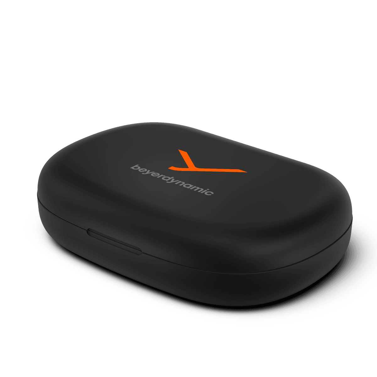 Estuche de carga negro para auriculares con logotipo naranja de beyerdynamic sobre fondo blanco.